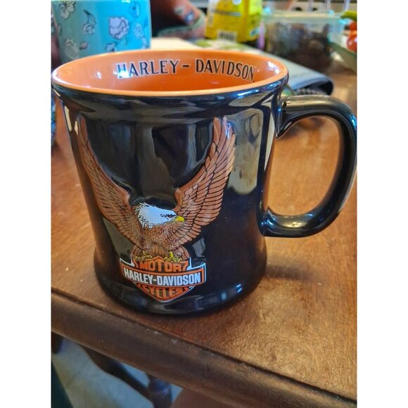 2001 Harley-Davidson Motorcycles Coffee Mug Embossed Eagle Logo Black/Orange VTG - Picture 1 of 3